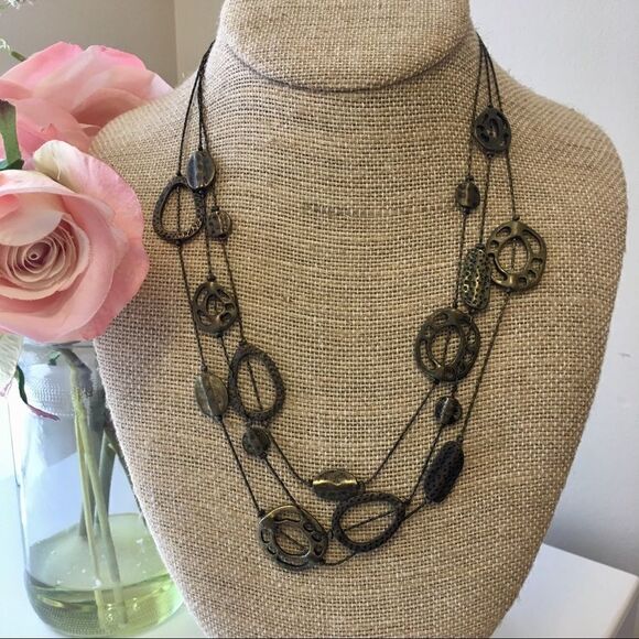 Multi Strand Antiqued Bronze Circle & Bead Necklace - Picture 1 of 4